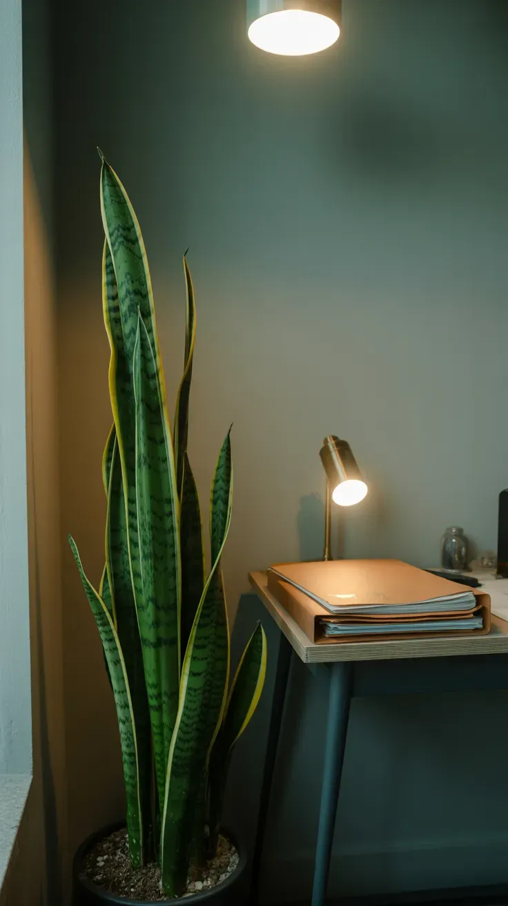 Tall snake plant with upright striped leaves in dimly lit home office corner