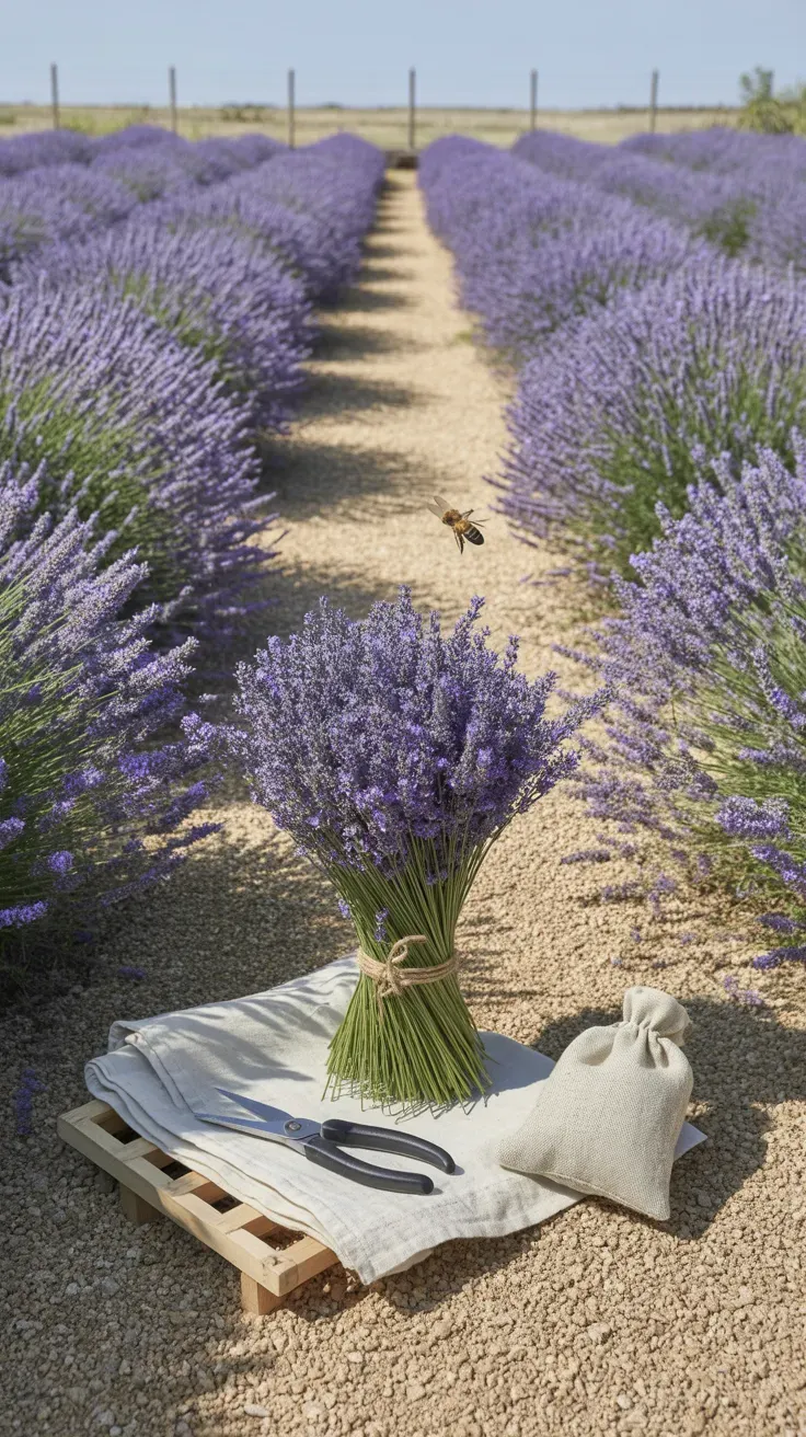 Rows of purple lavender bushes growing in a raised, sandy Mediterranean-style garden bed