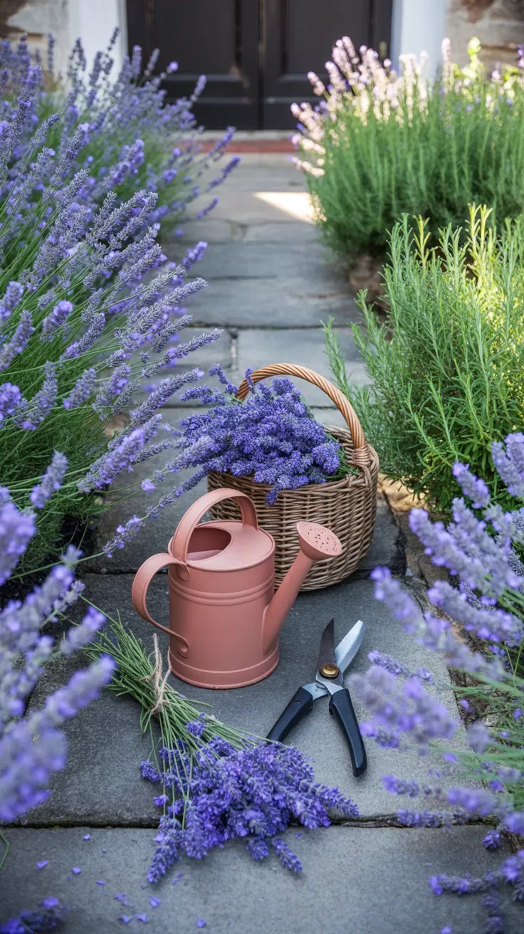 Purple lavender and green rosemary bushes lining a stone front yard walkway