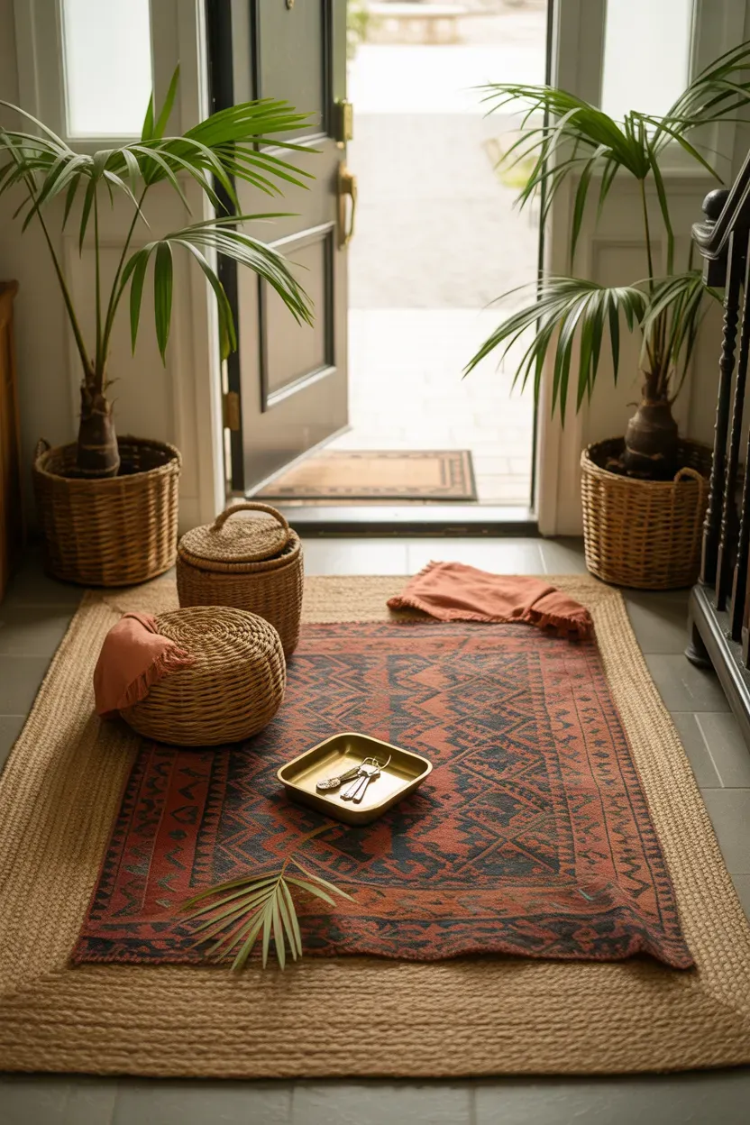Layered kilim and jute rugs with tall potted areca palms at the base of a staircase