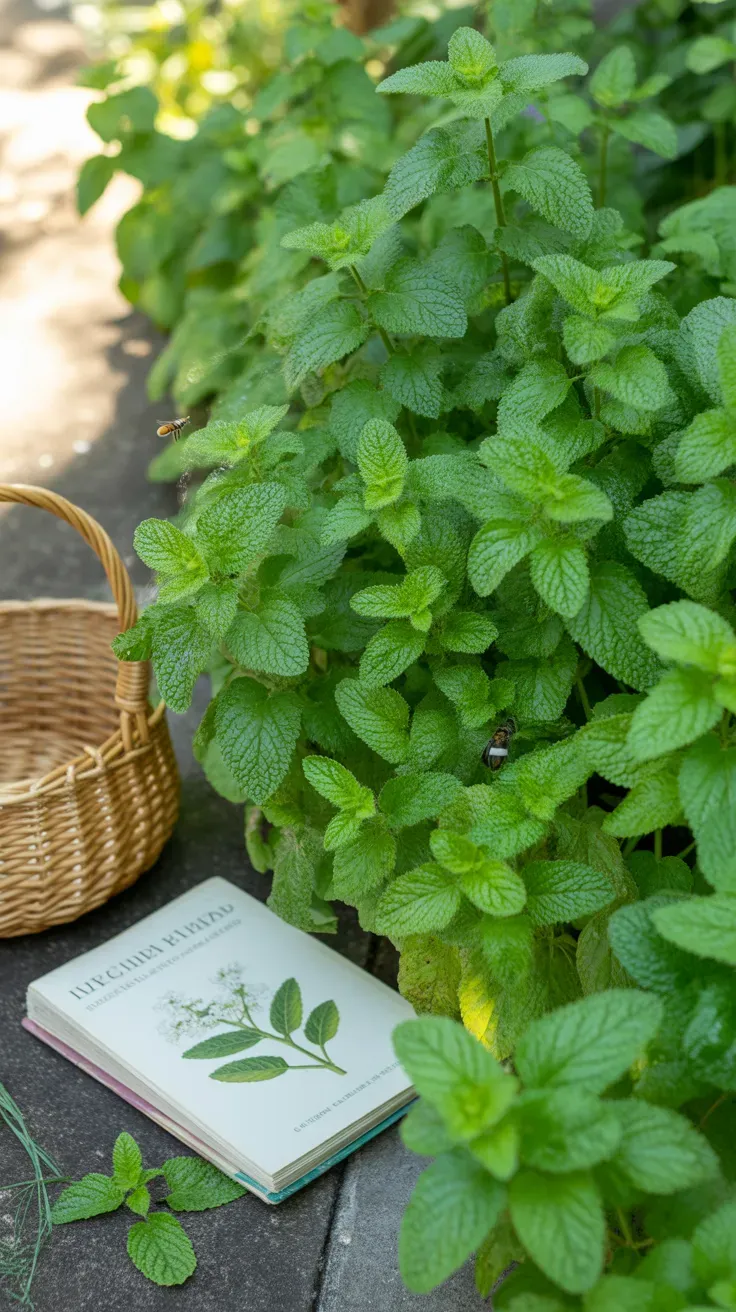 Lemon balm with crinkled bright green leaves growing along sunny garden edge