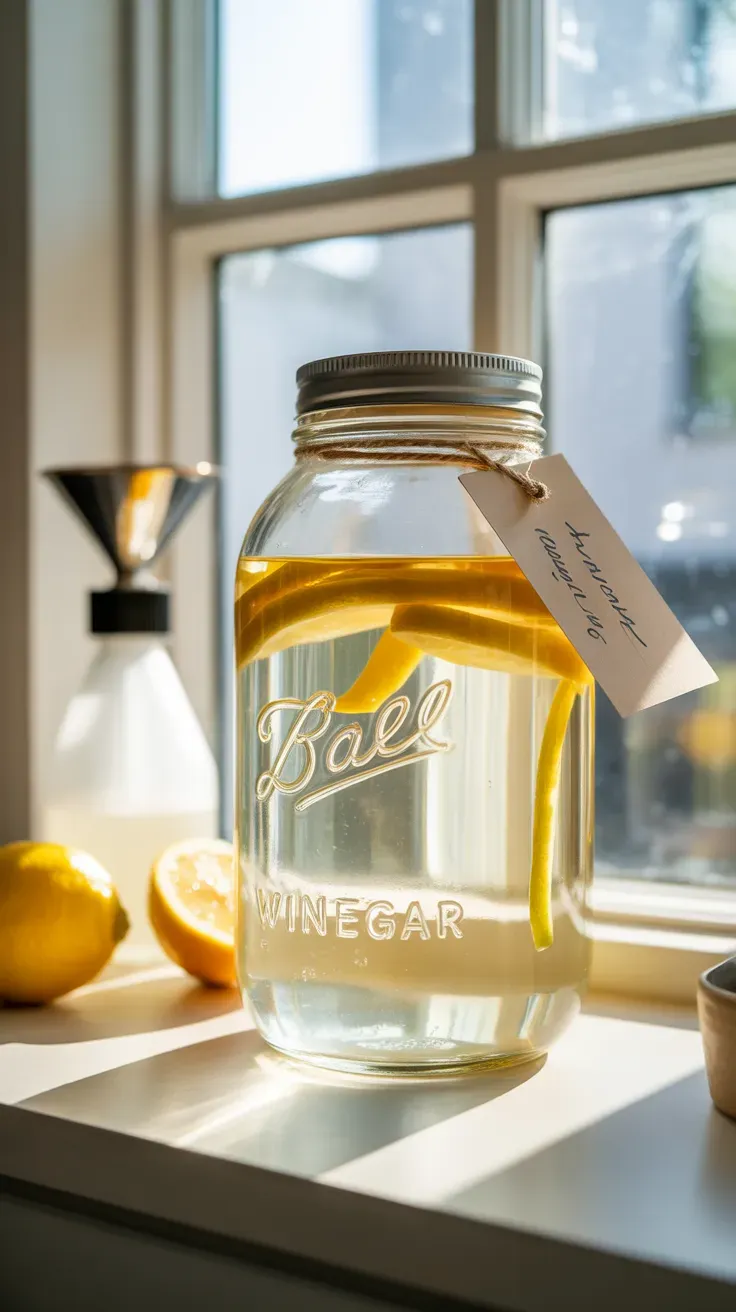 A mason jar of white vinegar infusing with lemon peels on a windowsill