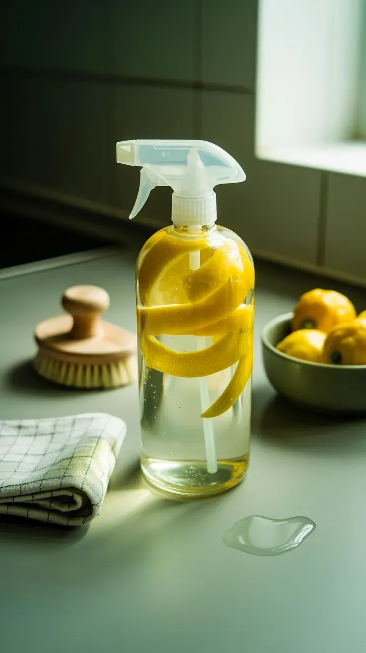 Lemon peels soaking in a glass spray bottle for a homemade natural cleaner
