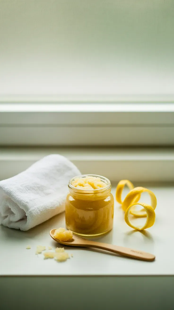 Homemade lemon peel sugar scrub in a small glass jar with a wooden spoon