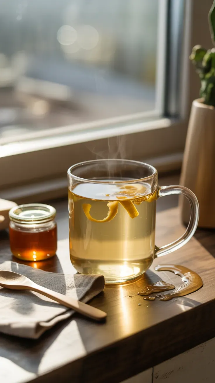 A mug of steeping lemon peel tea with dried peels floating on the surface