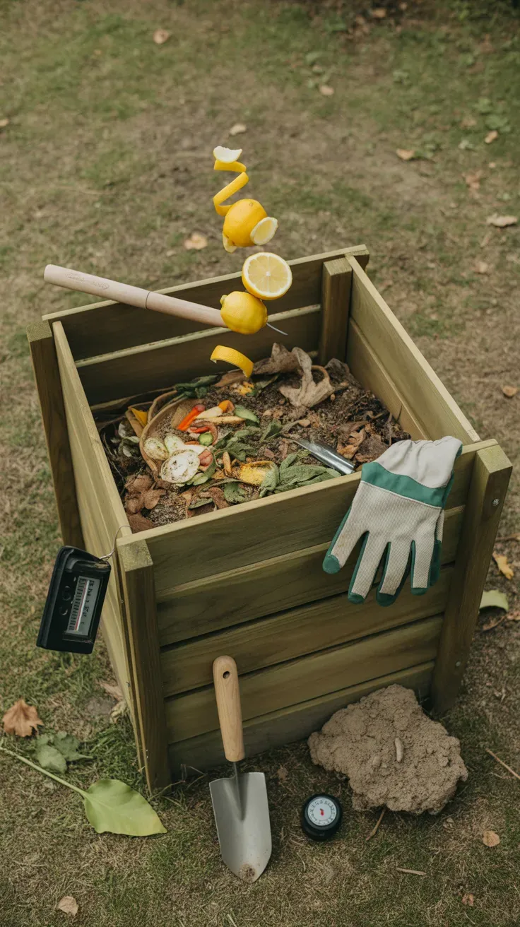 Lemon peels being added to an outdoor compost bin among other kitchen scraps