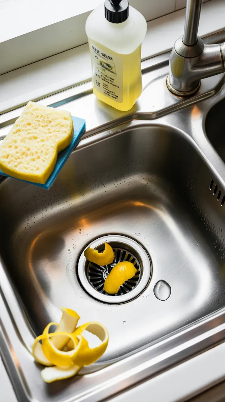 Lemon peels being dropped into a kitchen sink garbage disposal for freshening