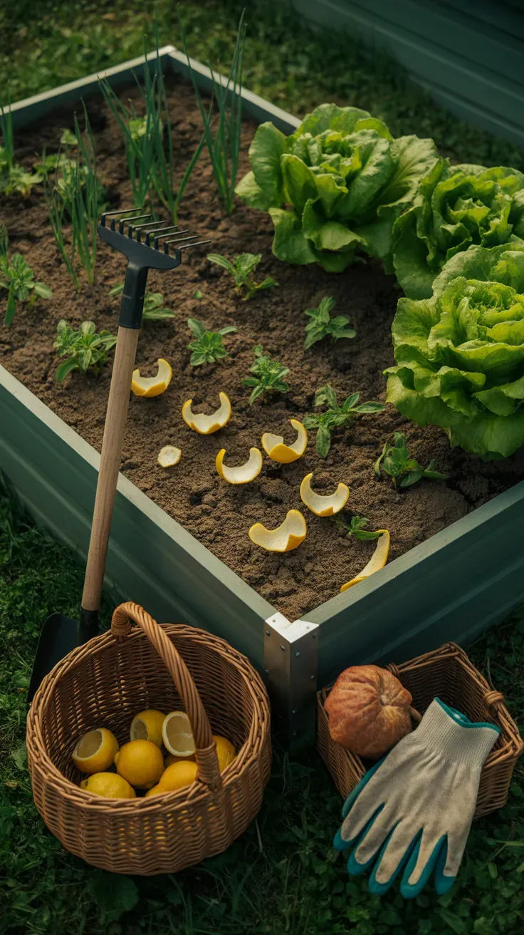 Lemon peels scattered around garden plants as a natural pest deterrent