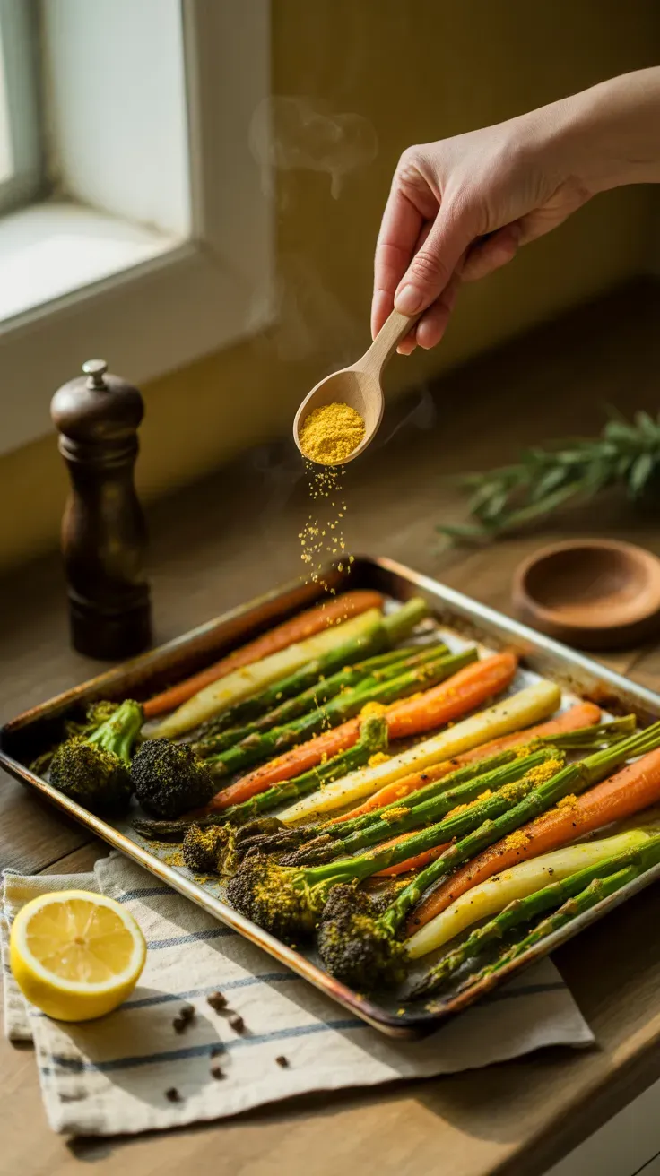 Golden lemon peel powder being sprinkled over roasted vegetables on a sheet pan