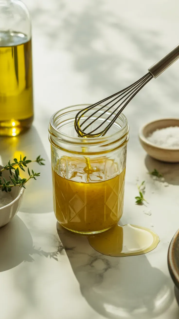 Lemon peel powder being whisked into homemade vinaigrette dressing in a glass jar