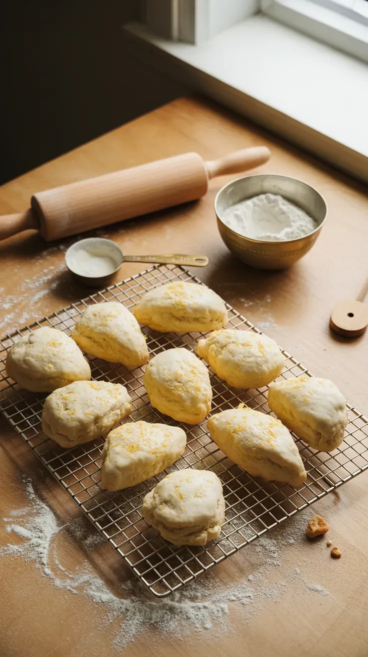 Fresh baked scones dusted with lemon peel powder on a cooling rack