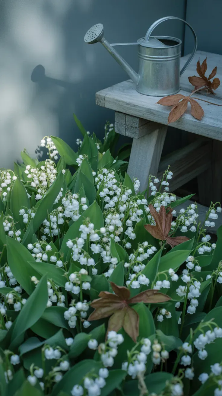Lily of the valley with white bell flowers spreading densely in deep shaded garden bed