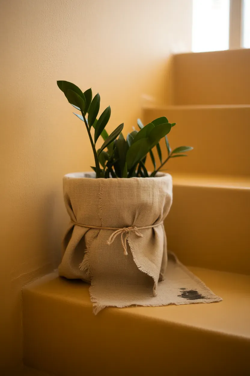 ZZ plant in a linen-wrapped neutral pot alone on a minimalist staircase step