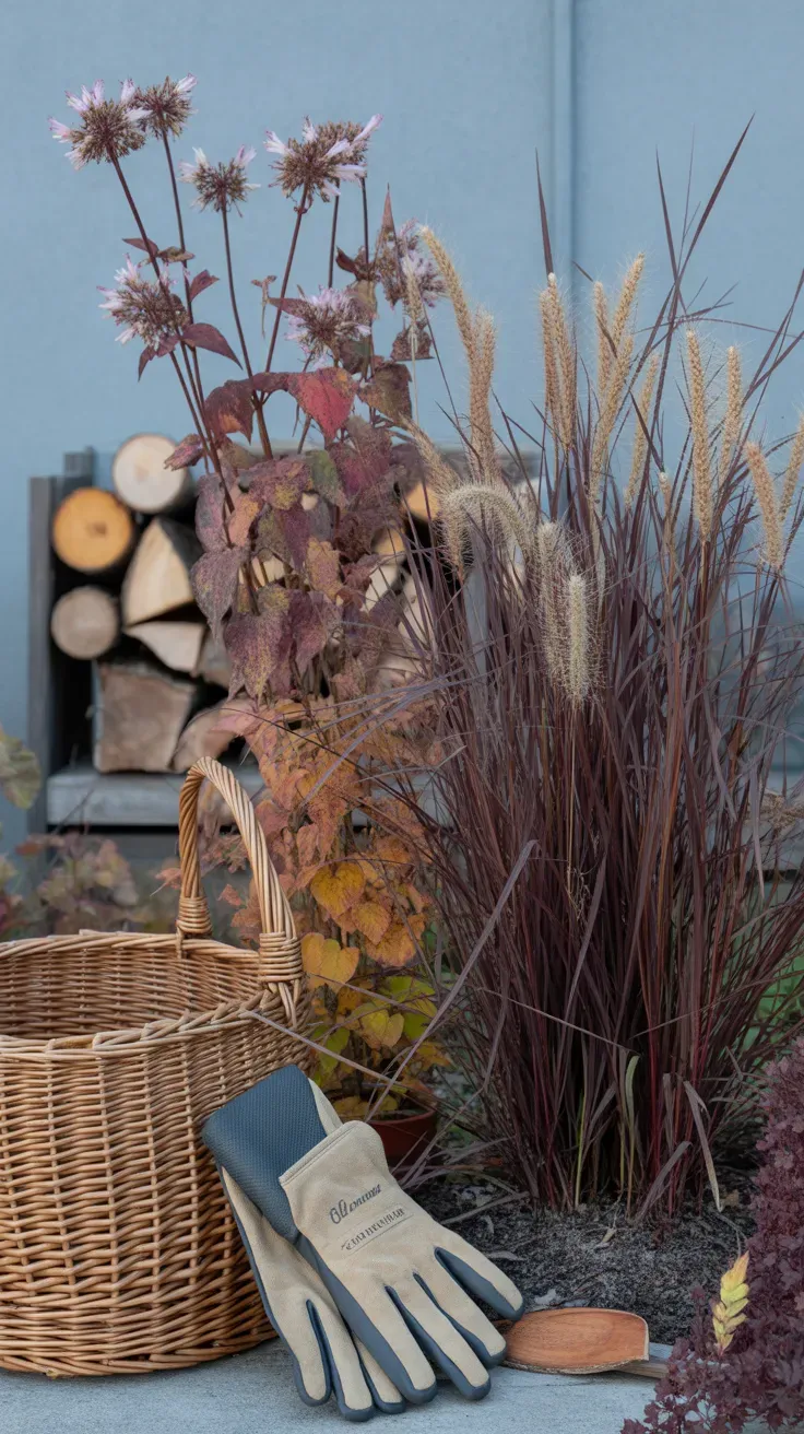 Bronze little bluestem ornamental grass swaying beside fading bee balm in autumn