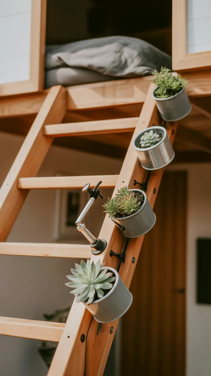 Small planters attached to ends of loft ladder rungs in simple tiny home staircase
