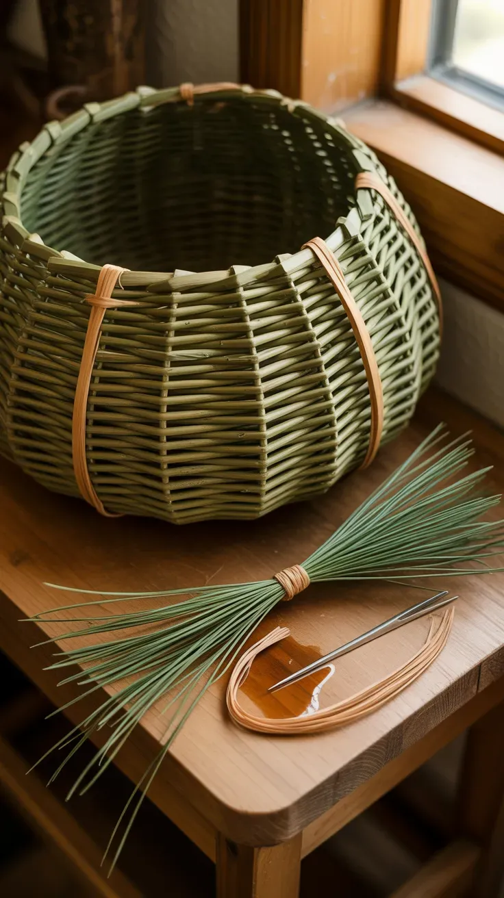 Coiled pine needle basket in progress bound with raffia thread on a wooden table