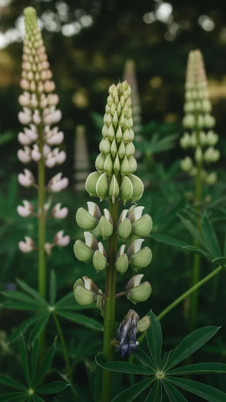 Green developing lupine seed pods left on a stalk among cut spikes