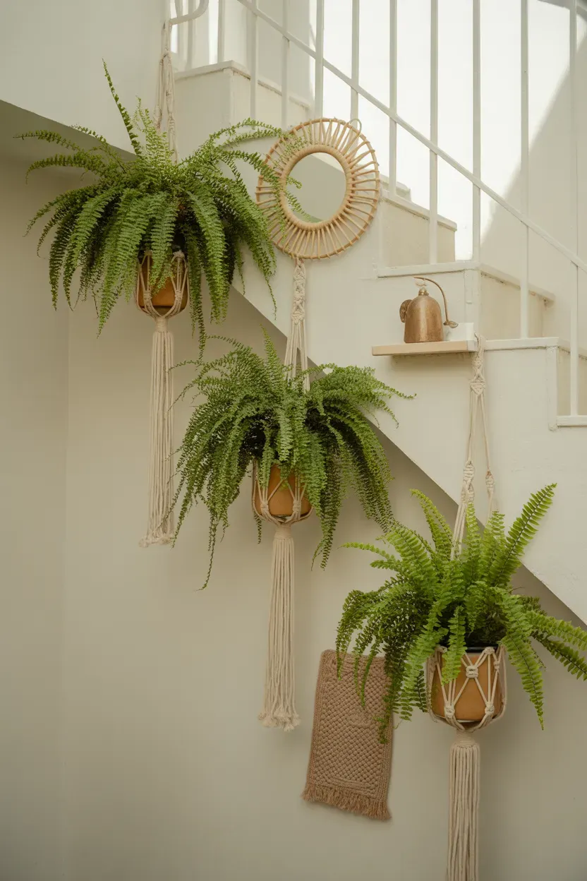 Boston ferns in macrame hangers spaced along a staircase wall in natural light