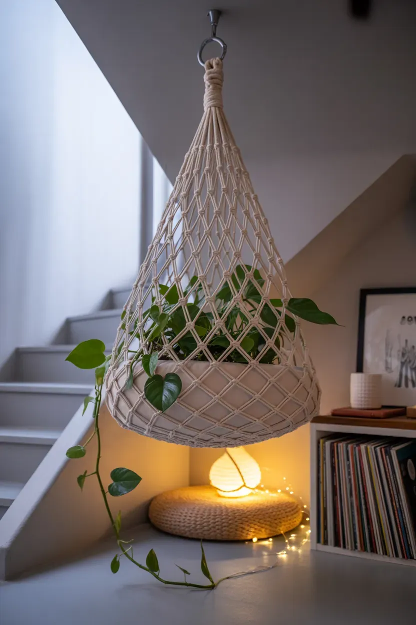 Philodendron cradled in a macrame plant hammock hung in a staircase corner