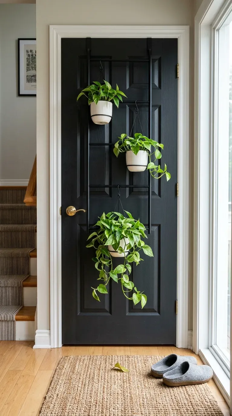 Small trailing succulents held by magnetic clips on a metal staircase railing