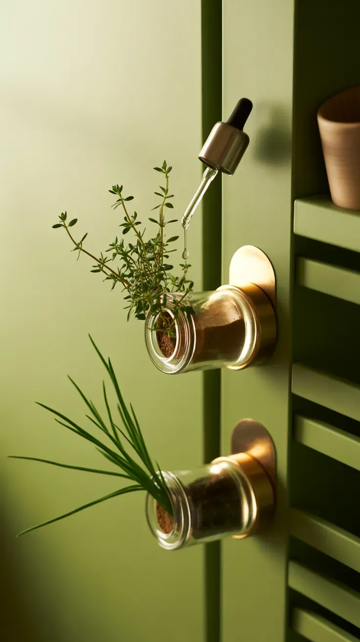 Small magnetic spice jars with micro herbs attached to metal surface near tiny home staircase
