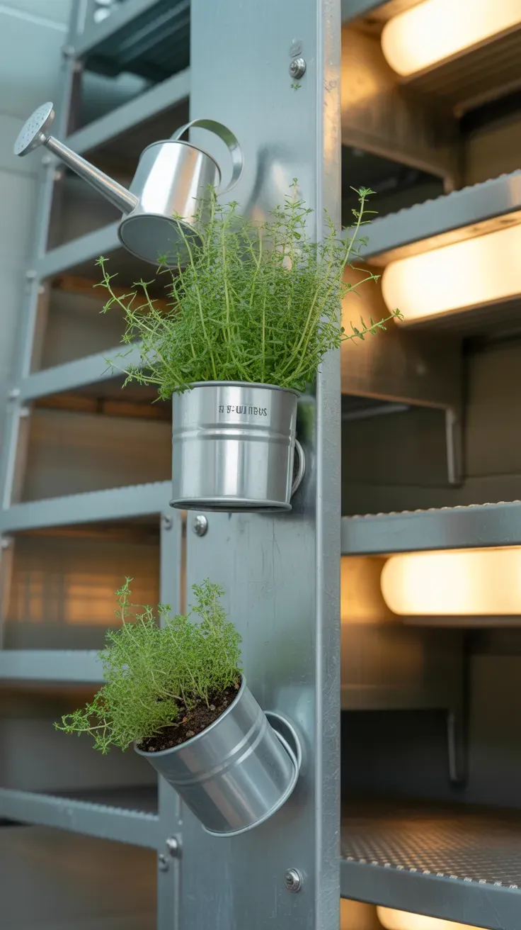 Small magnetic planters attached to metal riser of industrial tiny home staircase