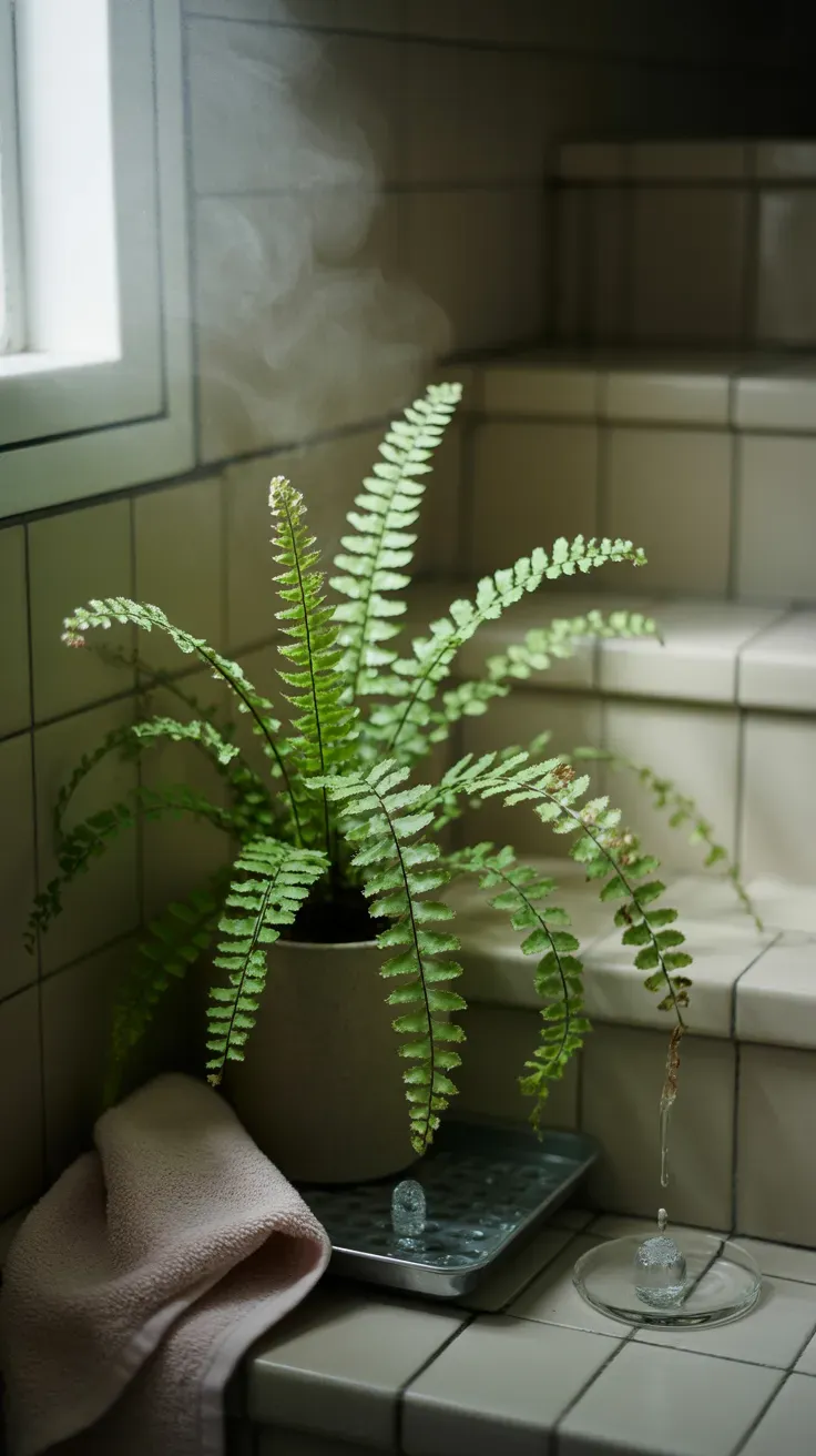 Delicate maidenhair fern with fine fronds in humid dim staircase corner near bathroom