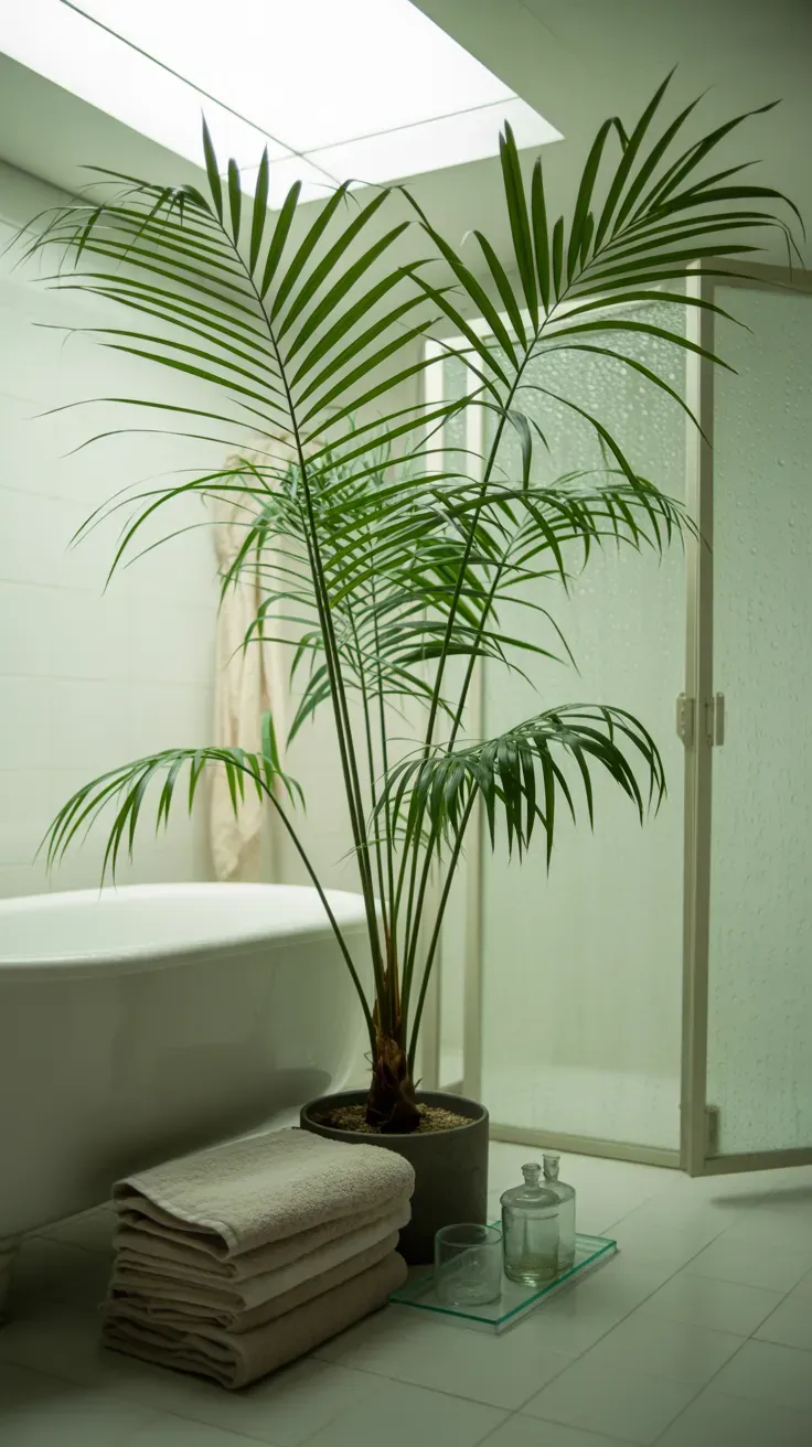 Majesty palm with feathery fronds standing in bright humid bathroom corner