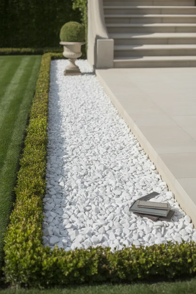 White marble chip gravel beds with boxwood edging bordering refined luxury staircase
