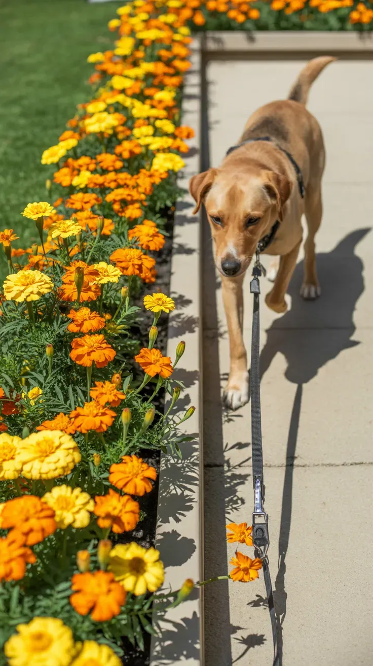 Marigold flowers lining ground-level border safe for dogs along garden staircase