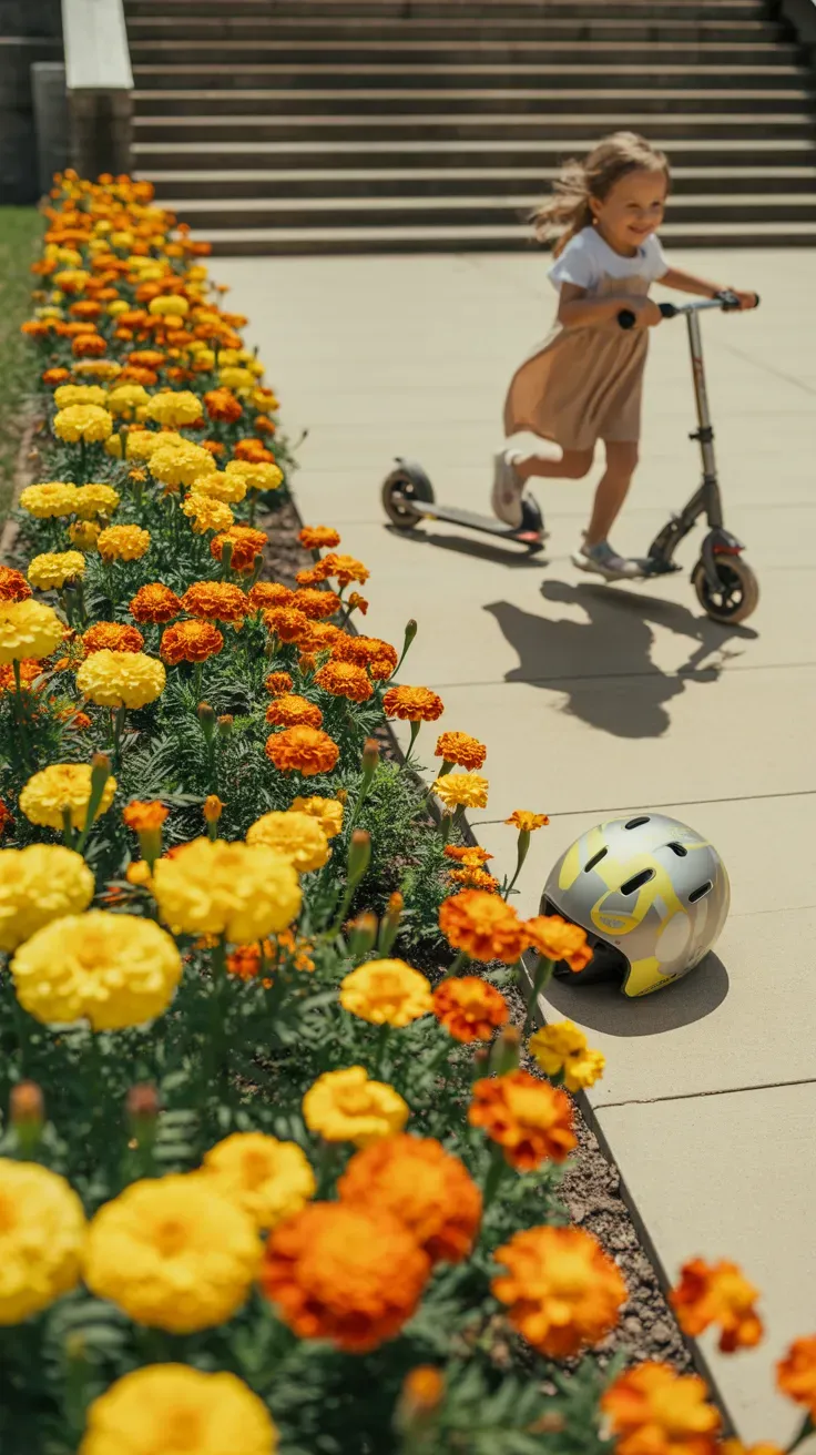 Marigold flowers lining ground-level border safe for kids along garden staircase