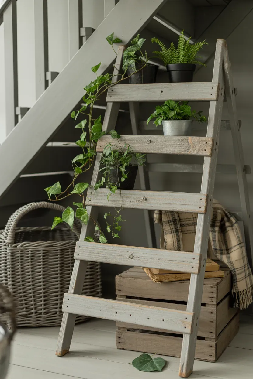 Mason jars holding fresh basil and mint mounted along a wooden staircase handrail