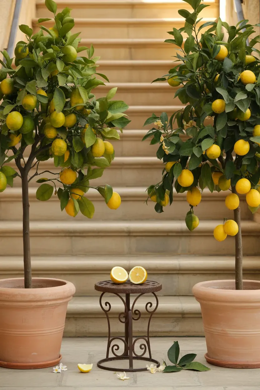 Matched standard citrus trees with fruit in terracotta pots flanking fragrant luxury staircase