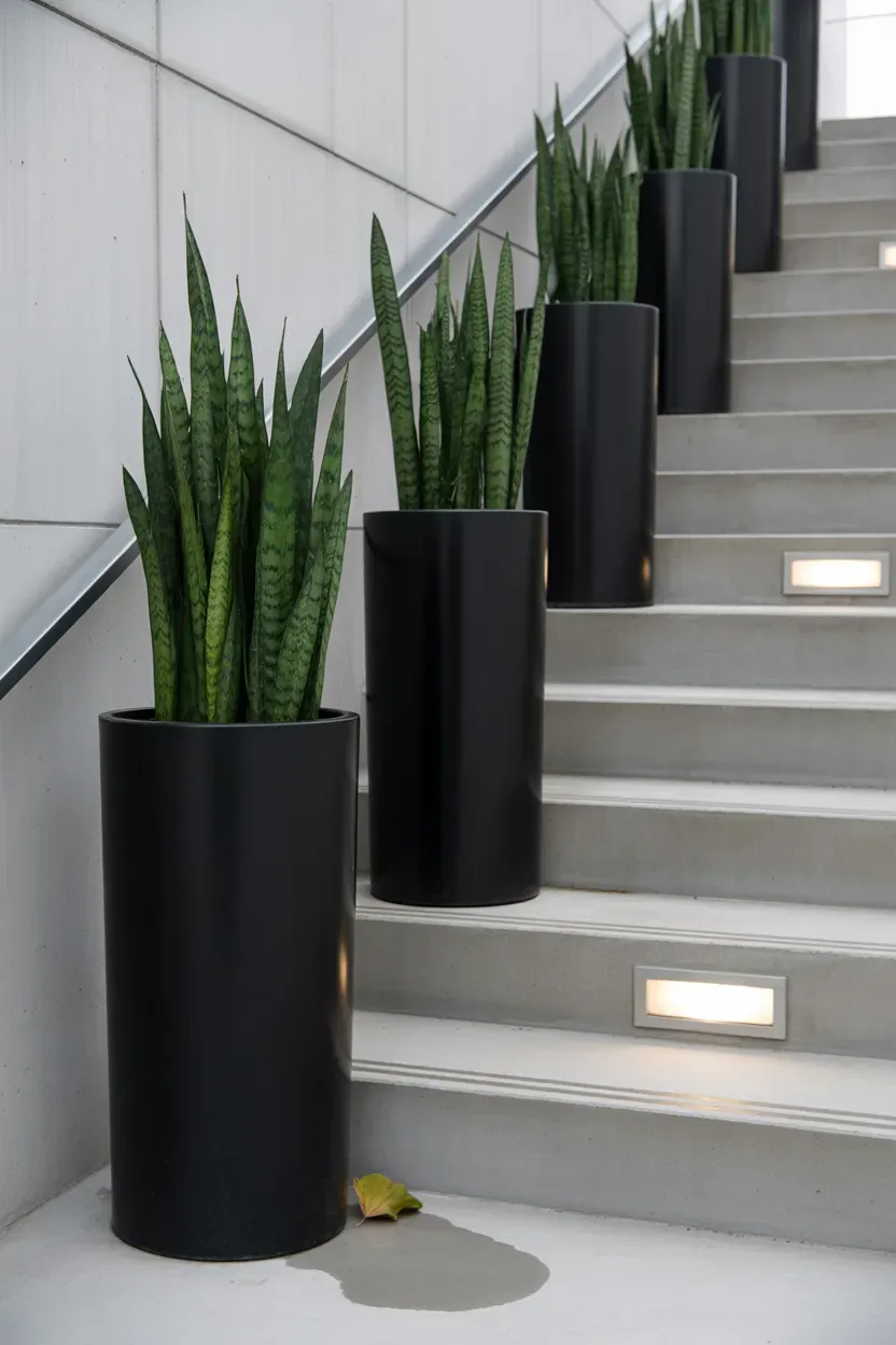 Matte black cylinder planters with architectural plants lining sleek modern staircase
