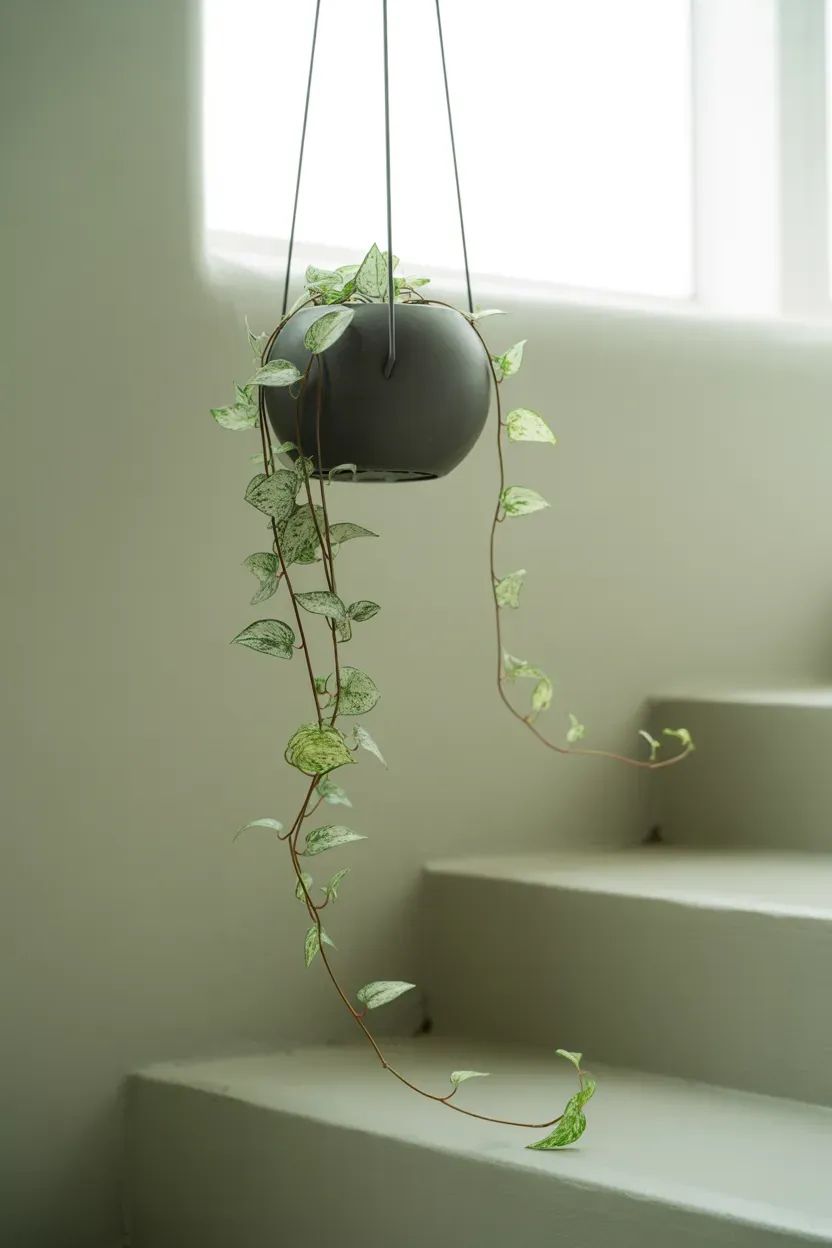 String of hearts trailing from a matte black hanging planter alone on a minimalist staircase