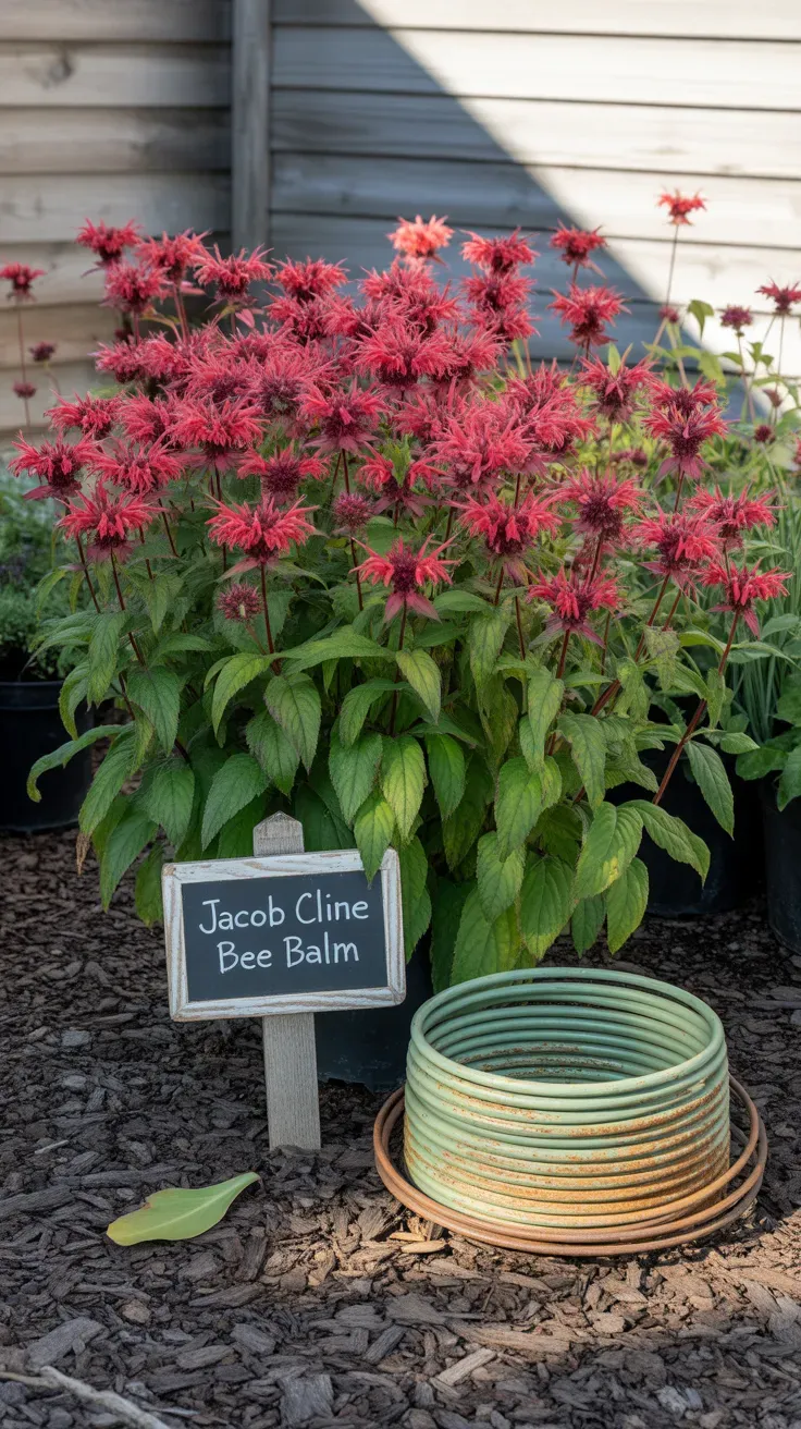 Healthy red Jacob Cline bee balm variety label beside disease-free blooming plant