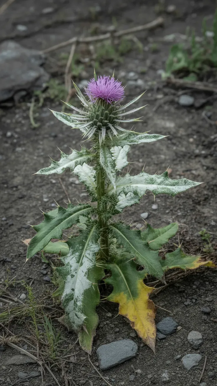 Spiky milk thistle leaves with white marbled veins and purple flower in waste ground
