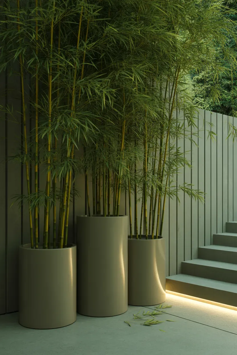 Single bonsai tree on minimal stand serving as focal point beside modern staircase