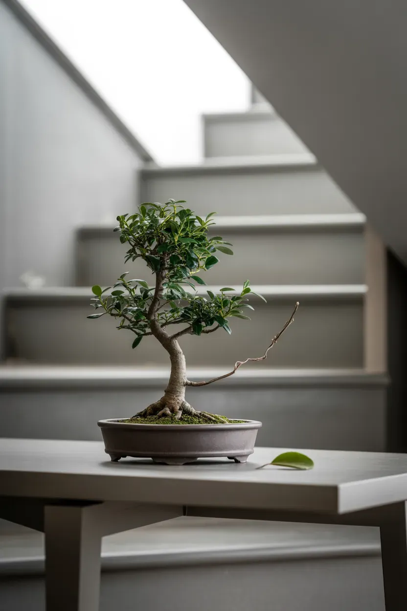 Small ficus bonsai alone on a minimalist shallow tray on a staircase landing