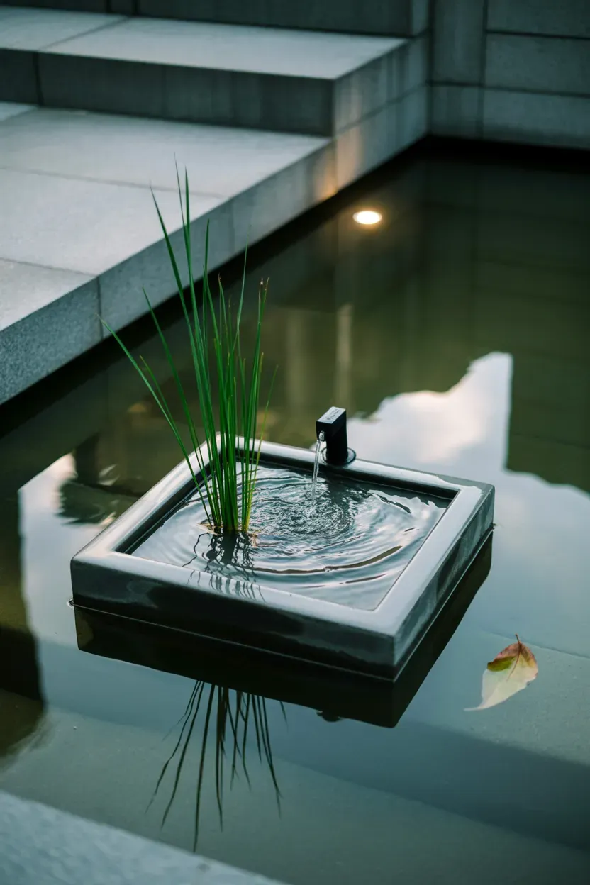 Small concrete water feature planter with single reed plant beside modern staircase