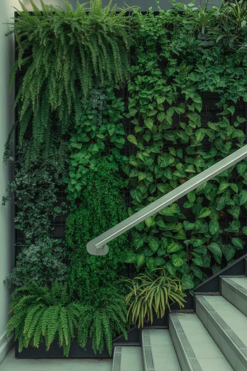 Raked gray gravel beds with single accent plant beside minimalist zen staircase