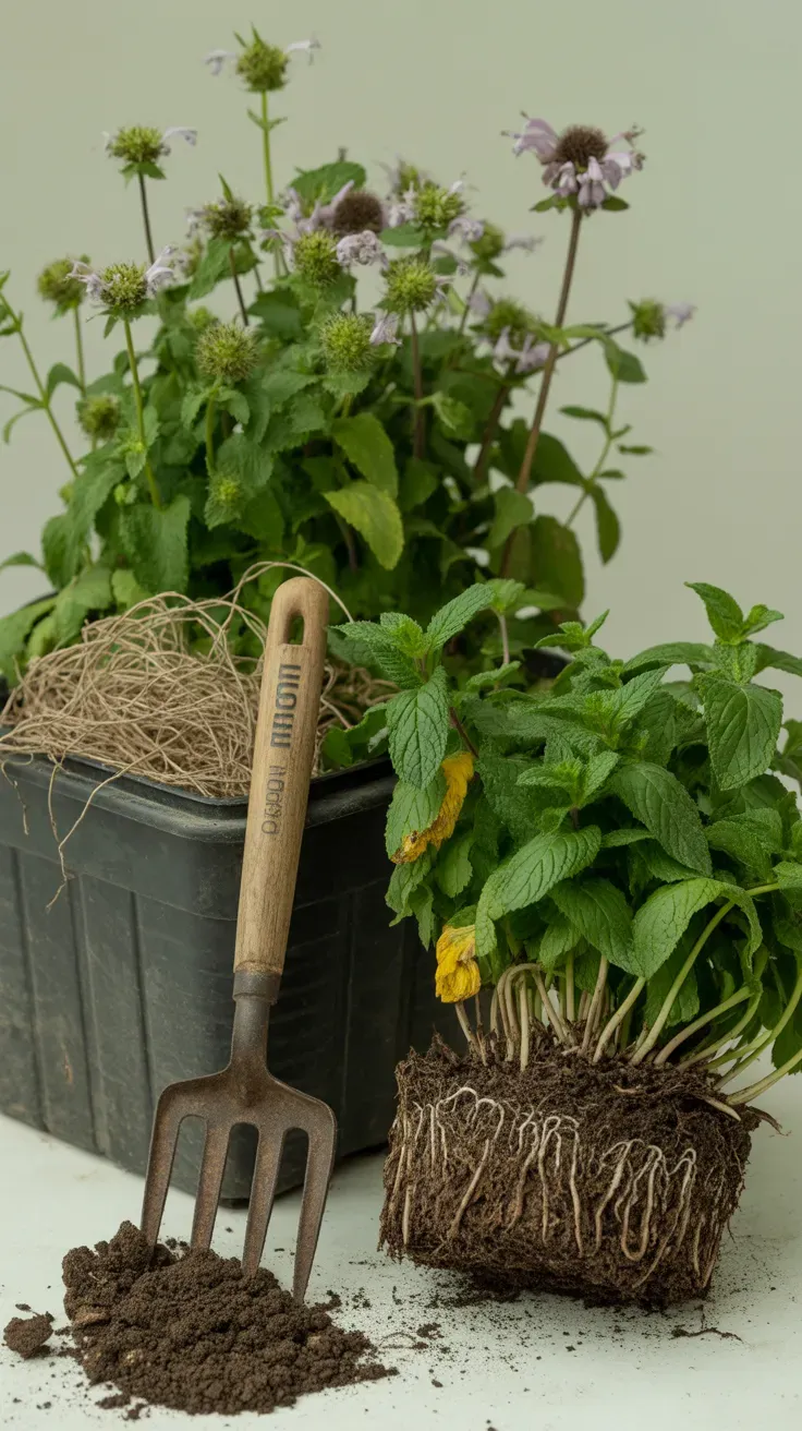 Spreading mint plant in a plastic container illustrating root competition near bee balm