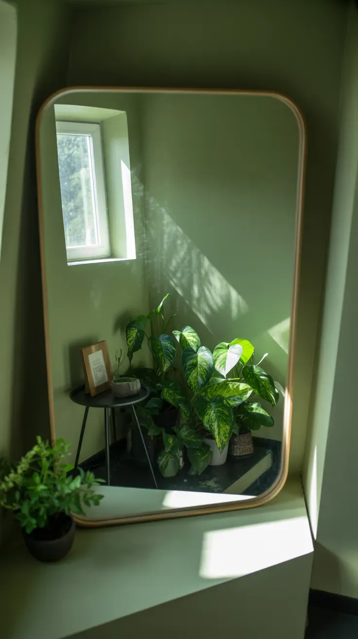 Strategic mirror placement bouncing available light onto plants in dim staircase corner