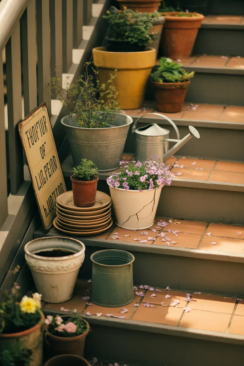 Eclectic mix of vintage pots and containers with flowers on charming garden staircase