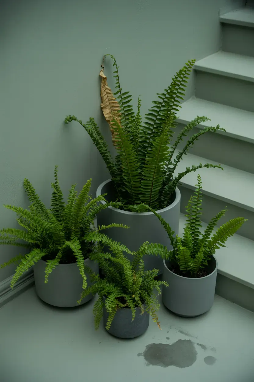 Cluster of ferns in matching matte gray pots on a minimalist staircase landing