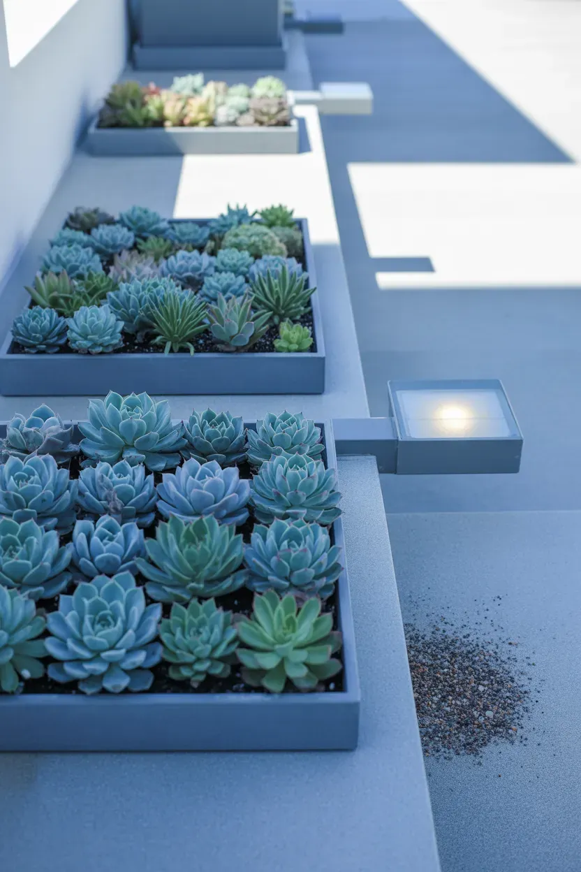 Shallow gray concrete trays with monochrome succulents lining minimal staircase steps