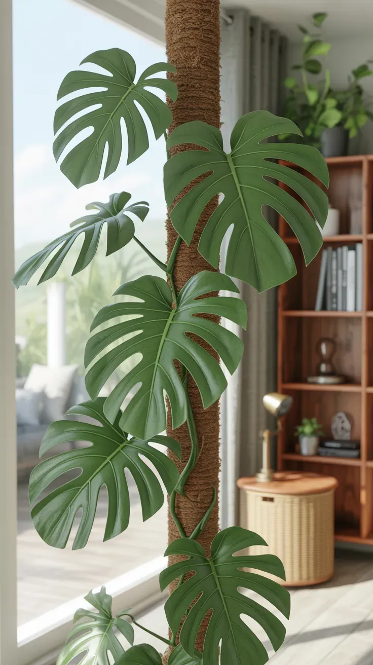 Large monstera deliciosa with split leaves climbing moss pole in bright room