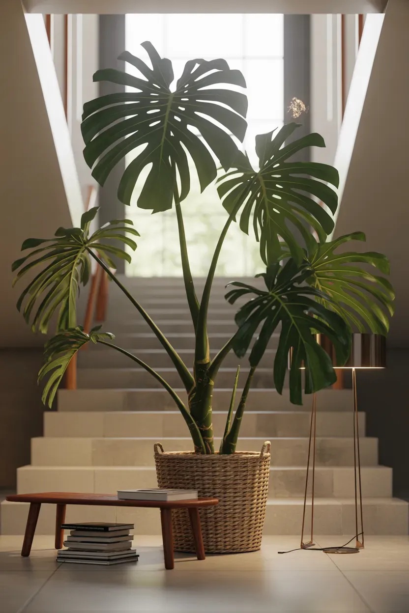 Large monstera deliciosa plant positioned as a focal point on a staircase landing