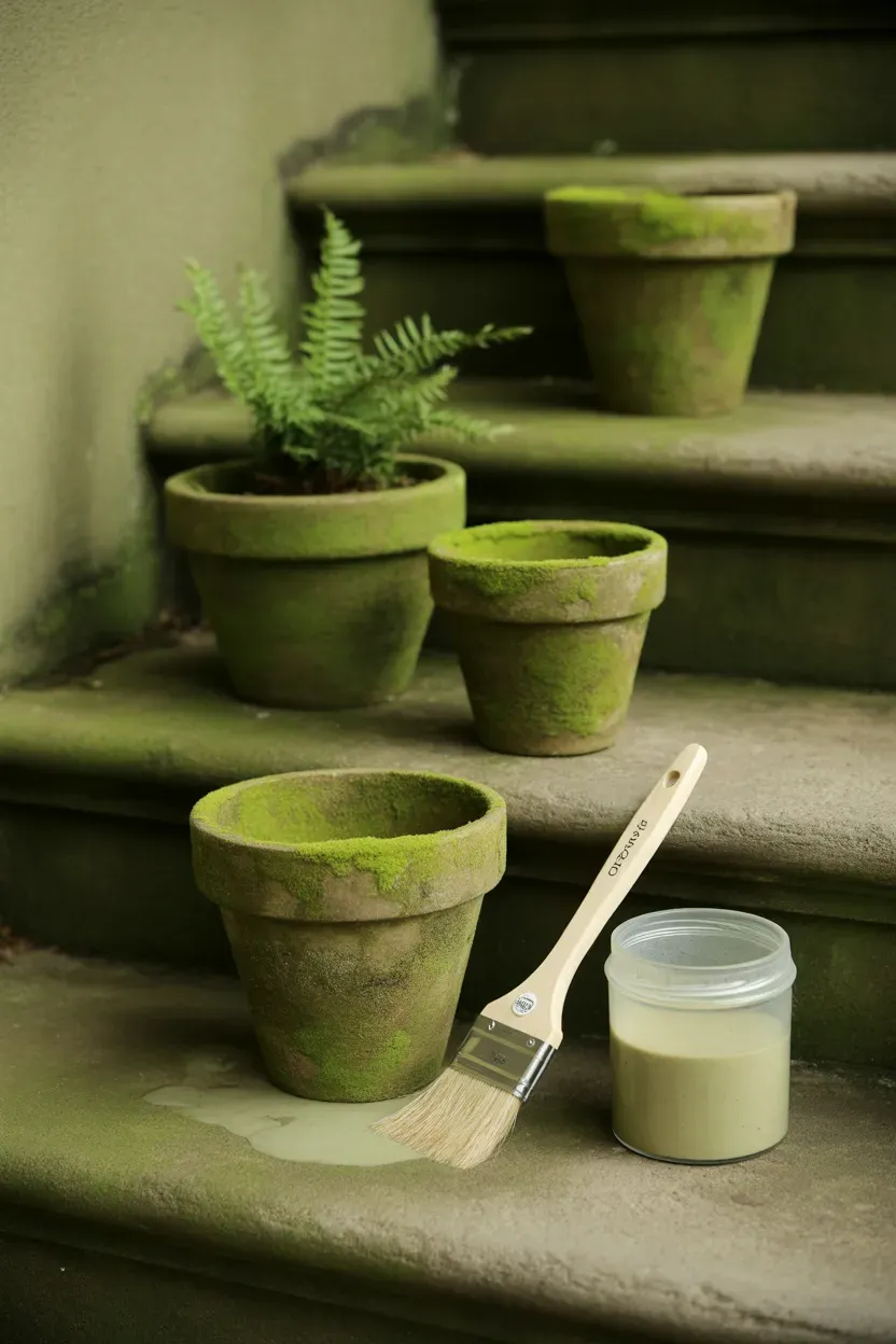 Moss-covered clay pots with ferns giving aged expensive look to shaded staircase