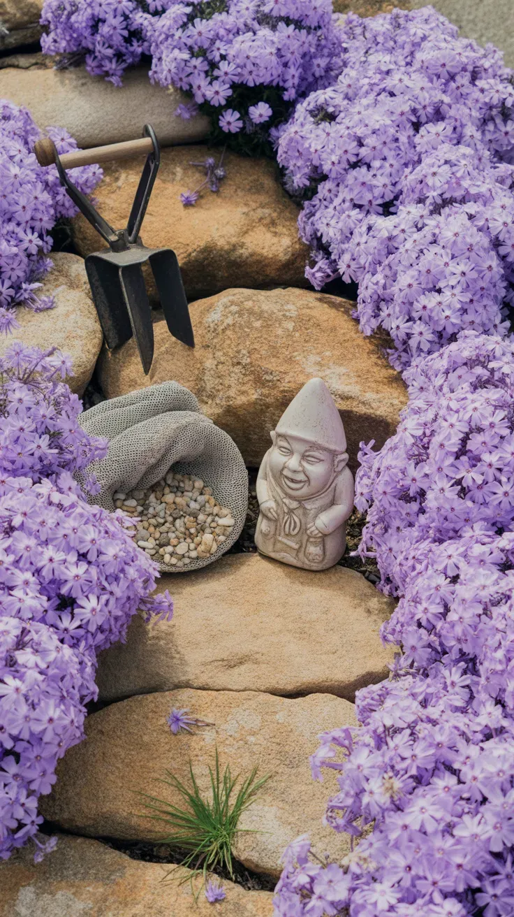 Moss phlox with lavender blooms filling crevices between sunny rock garden boulders